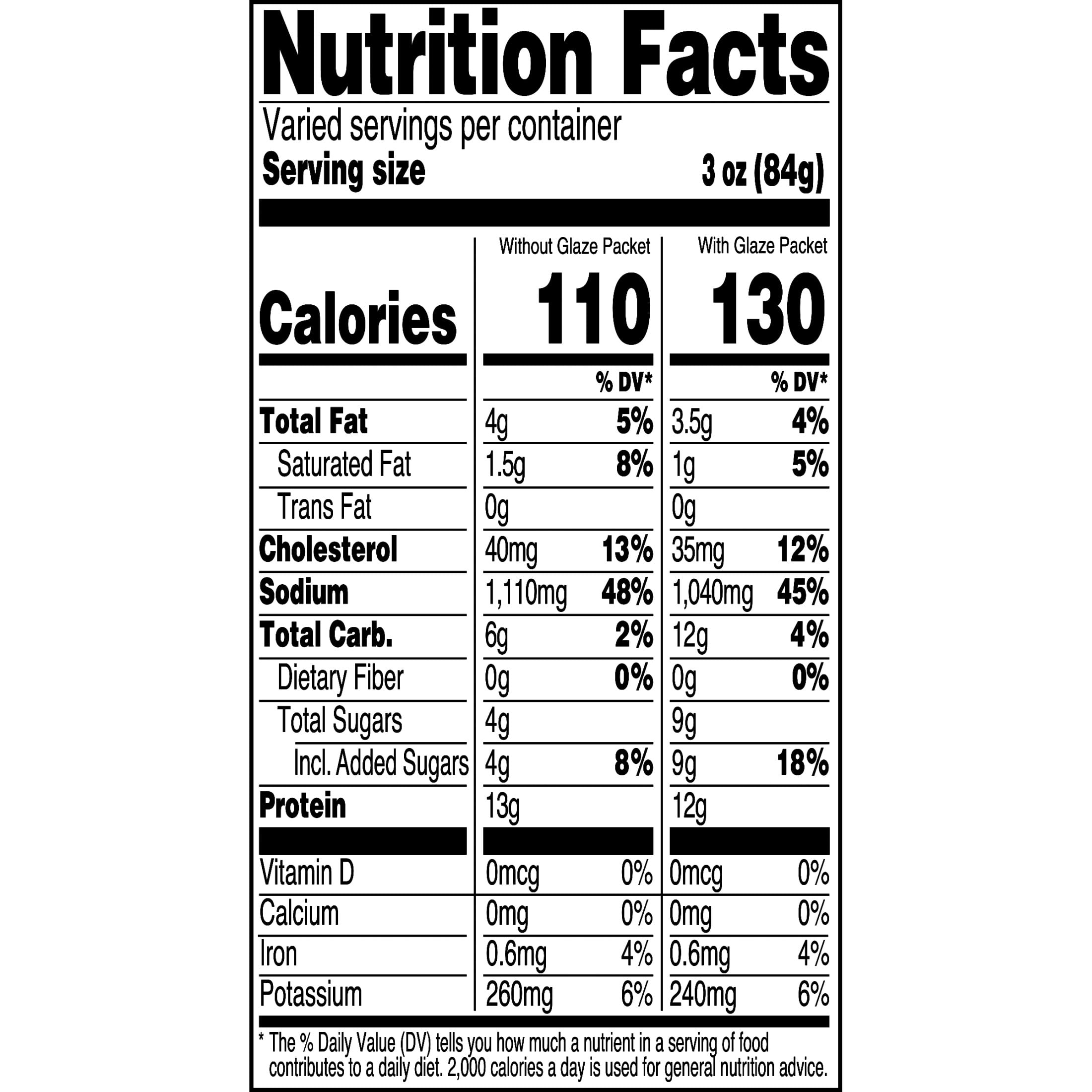 Marketside Natural Juice Boneless Spiral-Cut, Honey Cured Double Glazed Ham, Whole Muscle Cut, Pork, 3 - 4.8 lbs, 13g grams of protein per serving