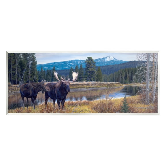 Stupell Industries Moose in River Mountain Scene Animals & Insects Painting Unframed Art Print Wall Art