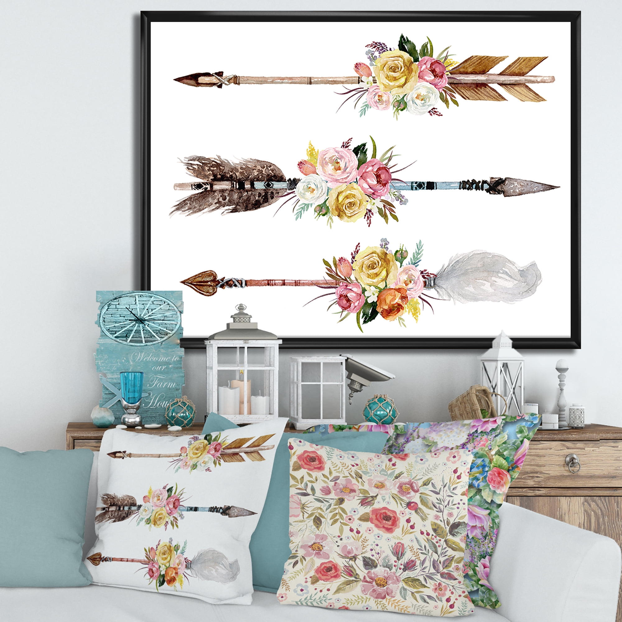 Designart 'Flowers and Ethnic Feathers On Native Arrows II' Bohemian & Eclectic Framed Canvas Wall Art Print
