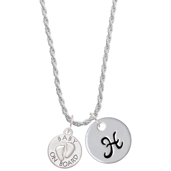 Delight Jewelry Silvertone Baby on Board with Feet Silvertone Script Initial Disc - H - Charm Necklace, 20"+3"