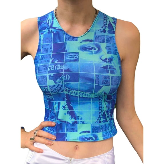 Franhais Women's Print Vest, Sleeveless Round Neck Wide Strap Slim Fit Crop Tops Streetwear for Teens Young Ladies