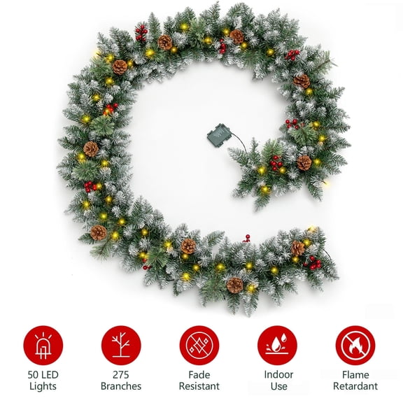 Qunler 2 pack - 9ft Outdoor Pre-Lit Christmas Garland with Lights & Timer for Fireplace Mantel Indoor Outdoor Christmas Decoration, 8 Modes, Battery Operated, Green
