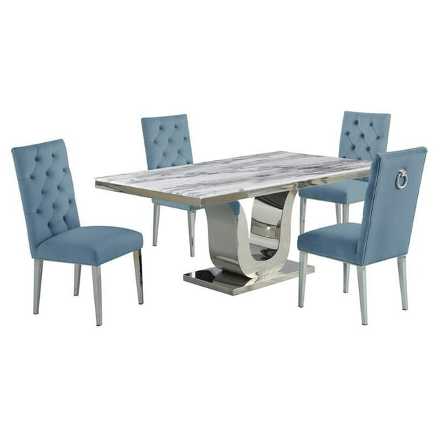 White Marble 5 piece Dining Set with Silver Stainless Steel Base
