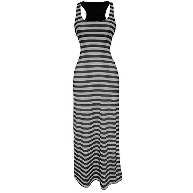 Peach Couture Racerback Summer Maxi Dress Striped Solid Sundress (Large, Grey)