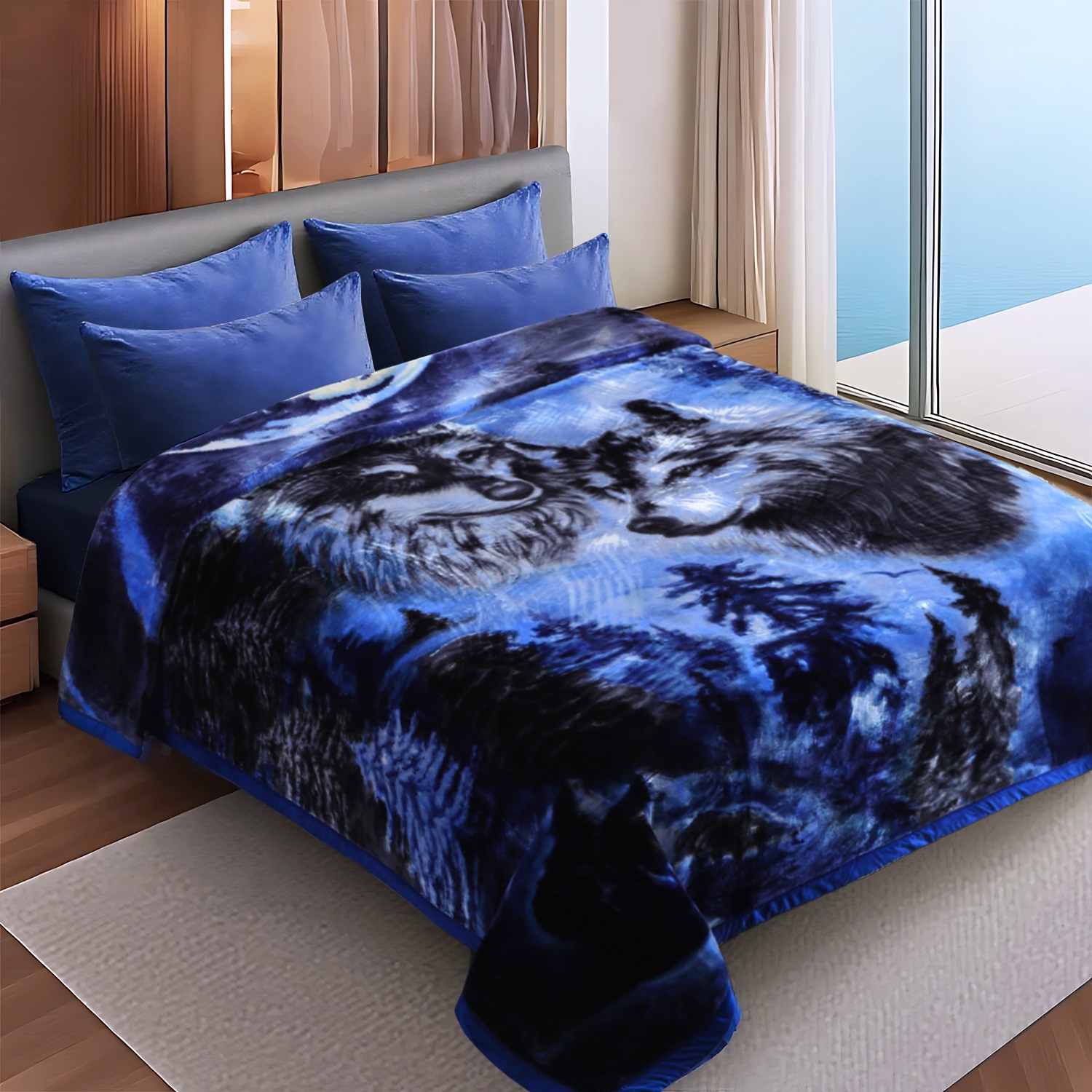 10lbs Heavy Thick A&B Pattern Blanket 2Ply Reversible - Thick Warm Plush Korean Style Bed Blanket, King Size Fleece Plush Blanket, Soft Winter Blanket For Adult 87" x 95", Black Wolf & Brown Wolf