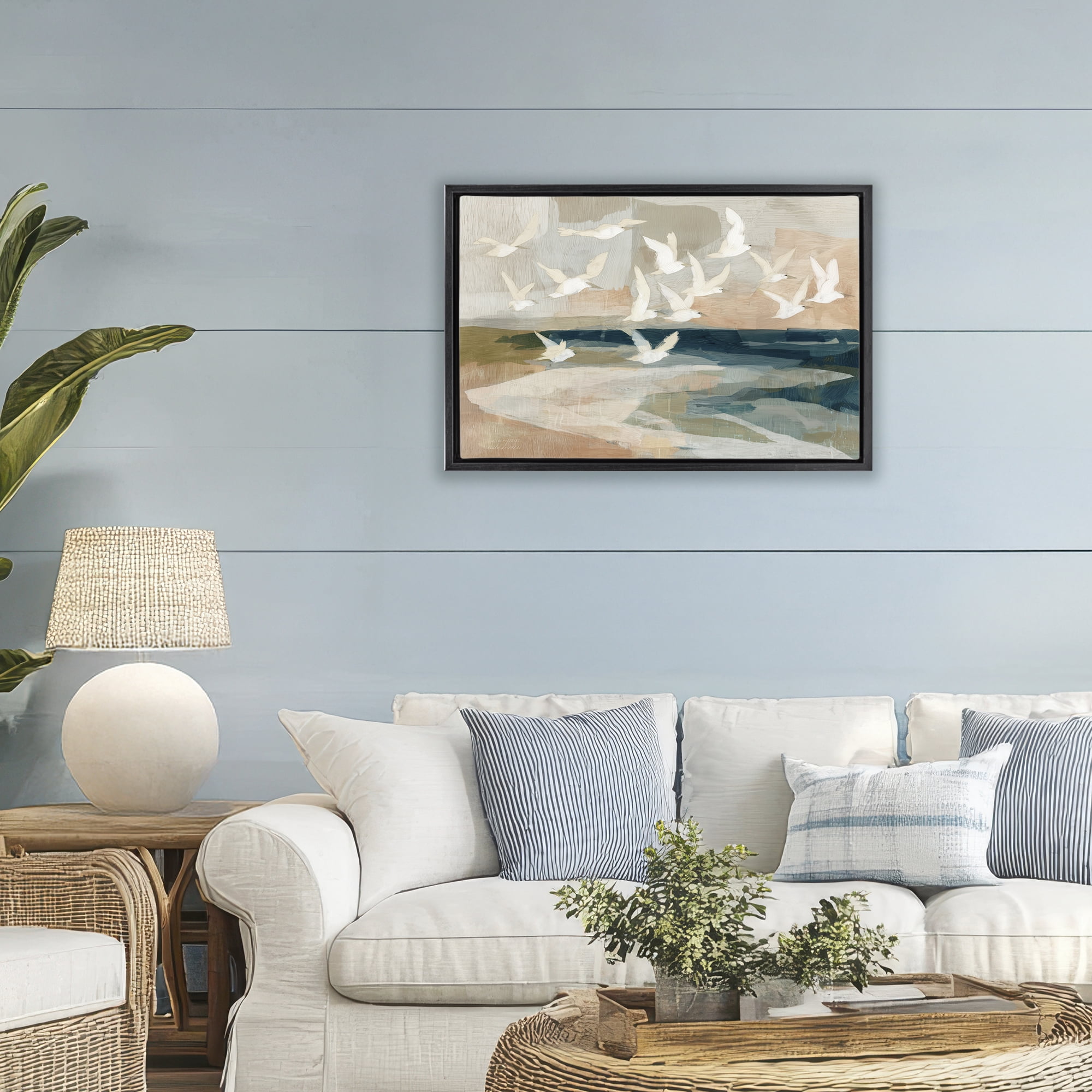 Stupell Industries Birds in Flight Over Water Black Framed Floater Canvas Wall Art, design by Chromatic Storm Studio
