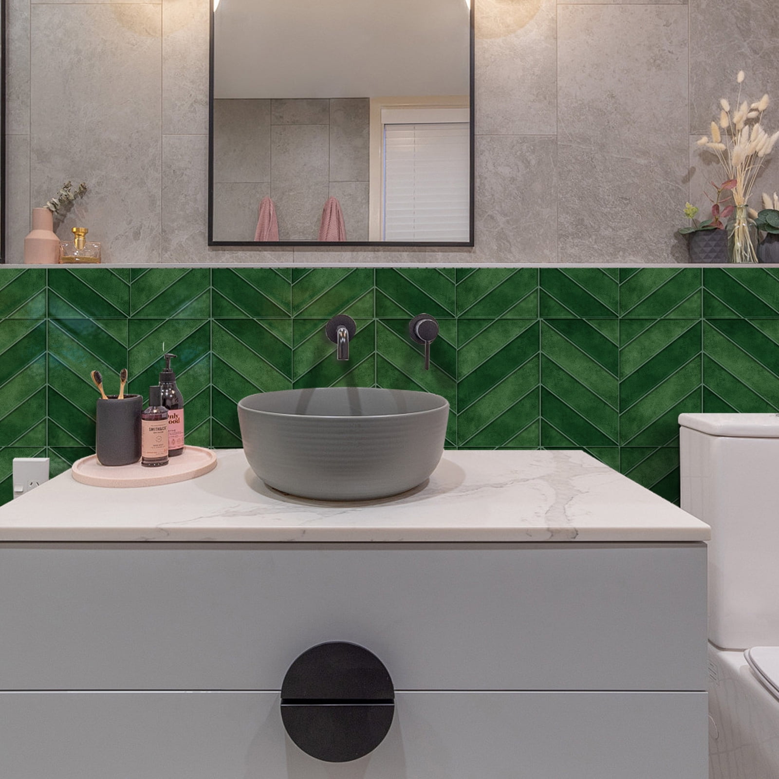 DEWOO 10 Sheets Thicker Herringbone Peel and Stick Backsplash, 11.5”×9” Stick on Wall Tiles, Self Adhesive Tile Sticker for Kitchen Backsplash and Bathroom, Green
