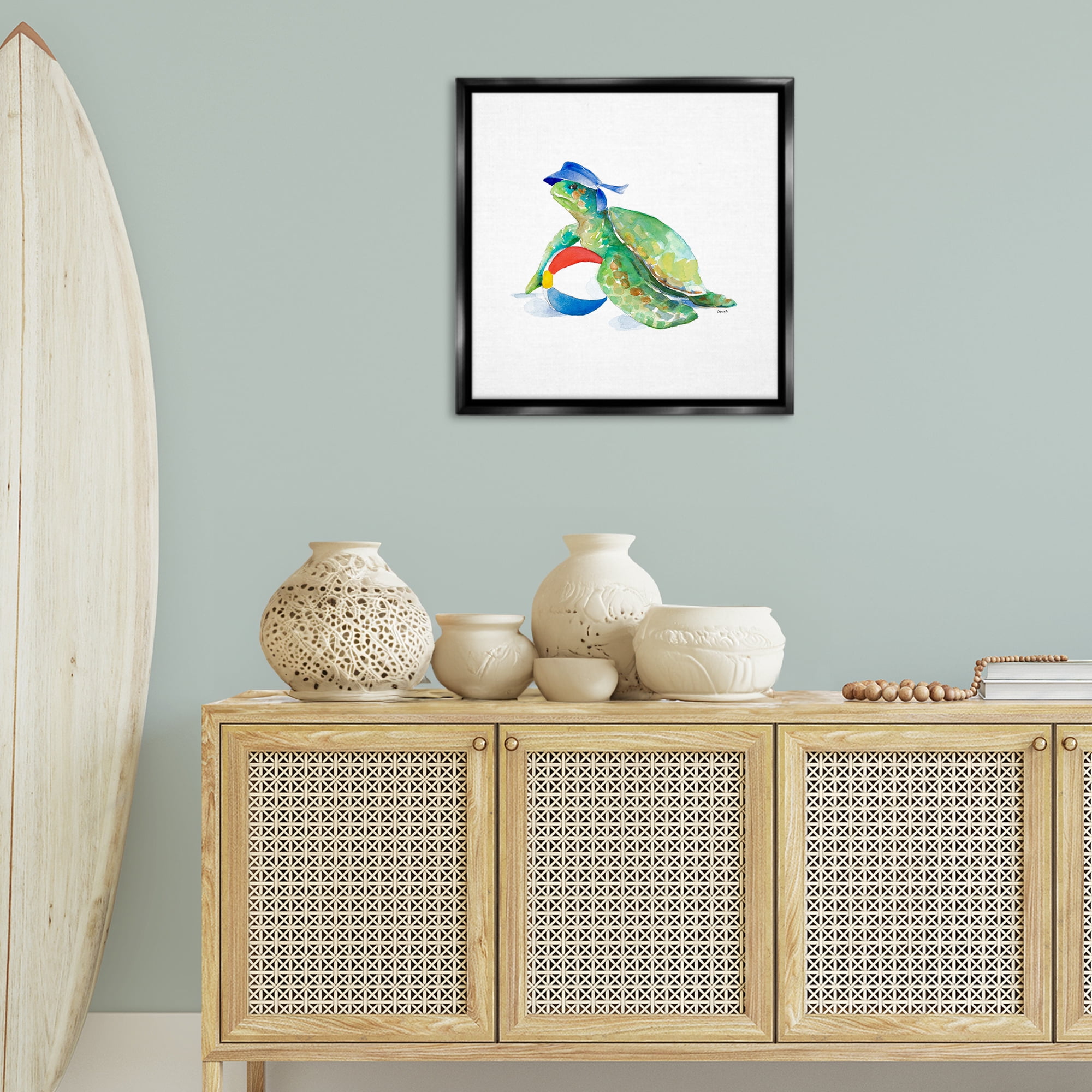 Stupell Industries Turtle & Beach Ball Novelty Painting Black Floater Framed Canvas Art Print Wall Art, 25 x 25