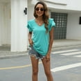 thumbnail image 3 of Defitshape Women's Short Sleeve Shirt Soft Top Basic Fashion Cotton Short Fall Casual V Neck Summer Beach Ruffle Tee Light Green Medium, 3 of 4
