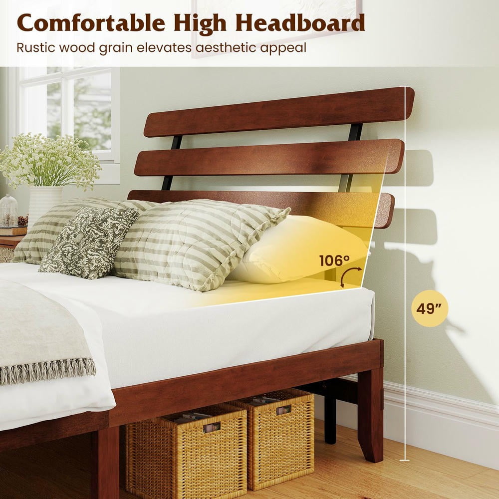 Barara King Full Size Bedroom Bed Frame with Retro Headboard, 15.5 Inch Solid Wood Bed Platform Frame for Apartment, Bedroom, Brown