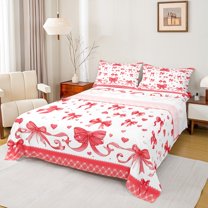 Feelyou Fashion Princess Bow Bed Sheets, Fairy Tale Bowknot Red King Sheets, Teens Kids Girls Women Sheet Set, Super Cozy Room Decor, 4-Piece