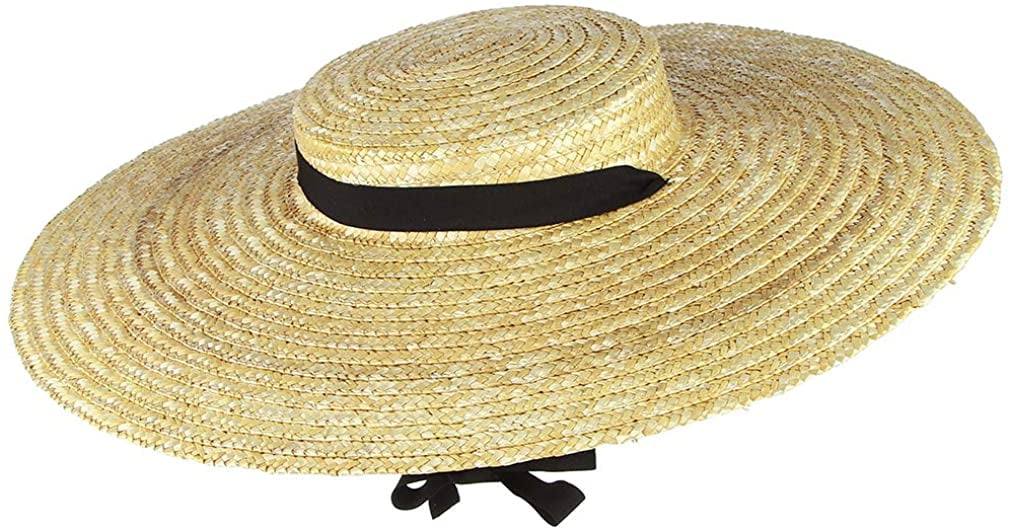 Vintage Boater Straw Hat Wide Brim Flat 