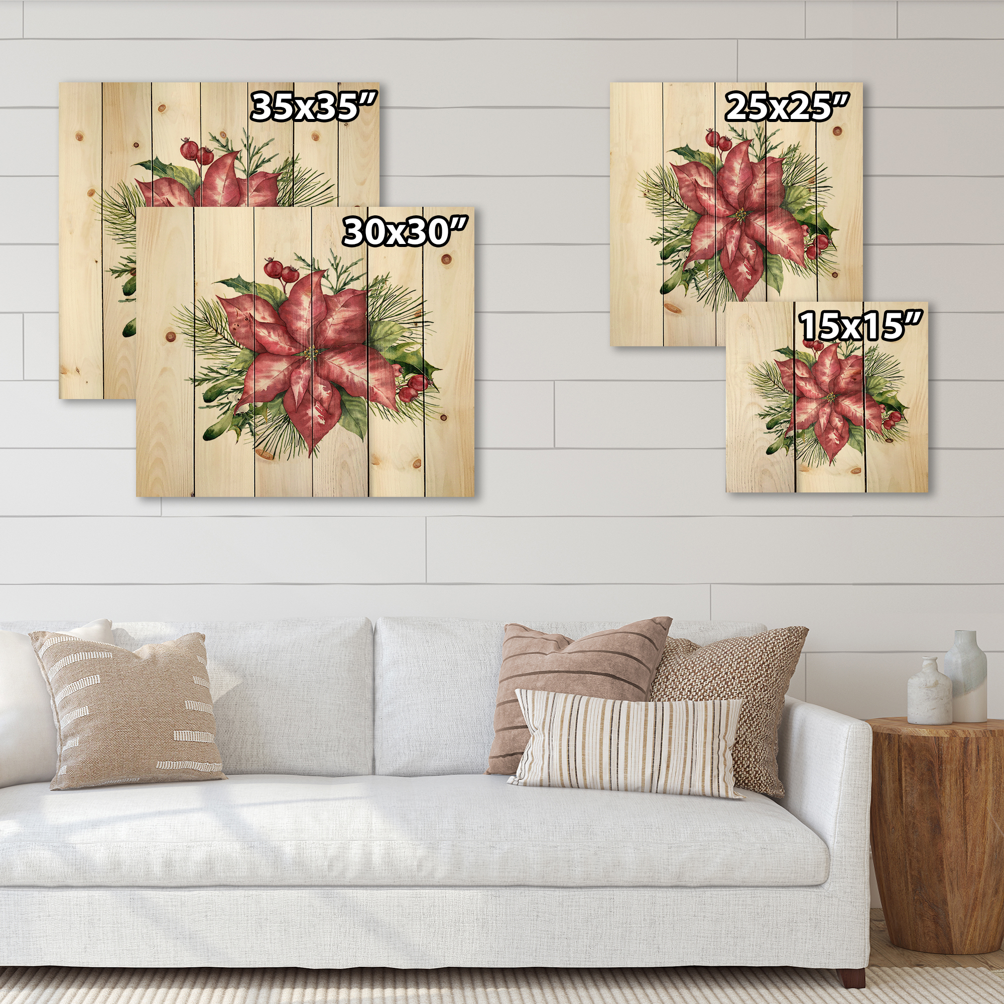 Designart 'Christmas Fir Branch and Holly Mistletoe Berries III' Traditional Print on Natural Pine Wood