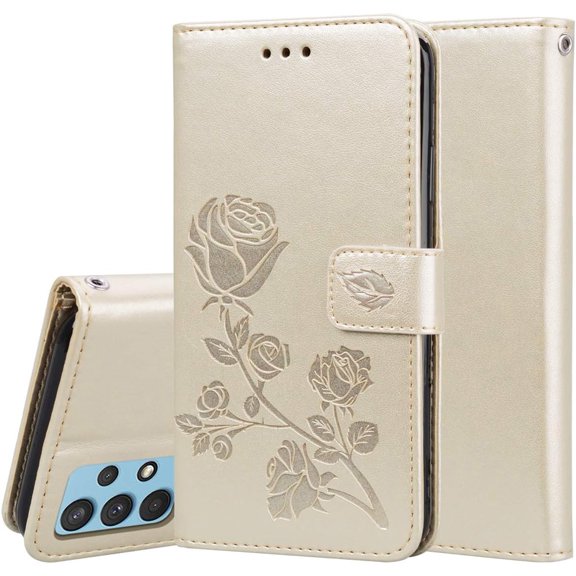 case for Samsung Galaxy A32 4G (Not 5G) Rose Flower Wallet Case, PU Leather Flip Phone Case w/Card Holder ID Credit Cards Slot Cash Pockets Detachable Wristband Cover for Samsung Galaxy A32 4G RS Gold
