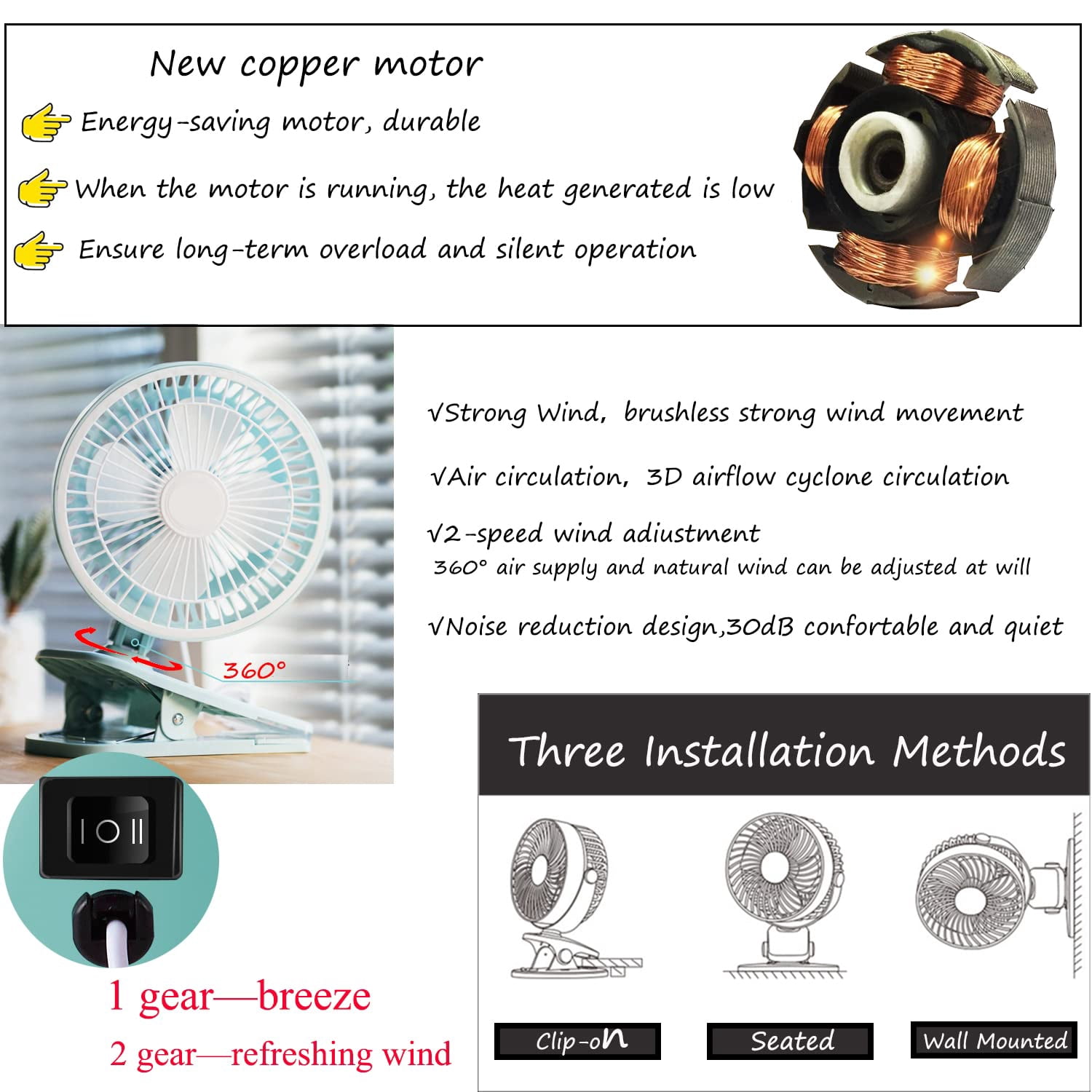 Kiven USB Fan Clip On Portable Fan with Motion Sensor 2 Speed and Adjustable Tilt Fan Mini Car Seat Fan Small USB Desk Personal Fan for Stroller Accessories/Crib/Home Office