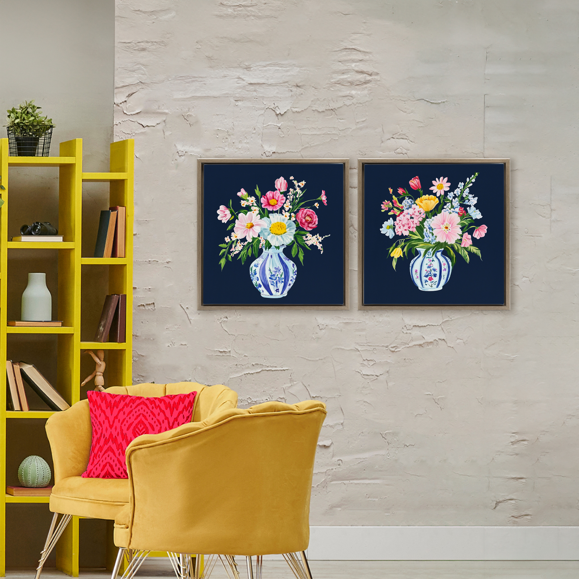 Twin Chinoiserie Vases 2 Piece Brown Framed Floater Canvas Set, design by Yen