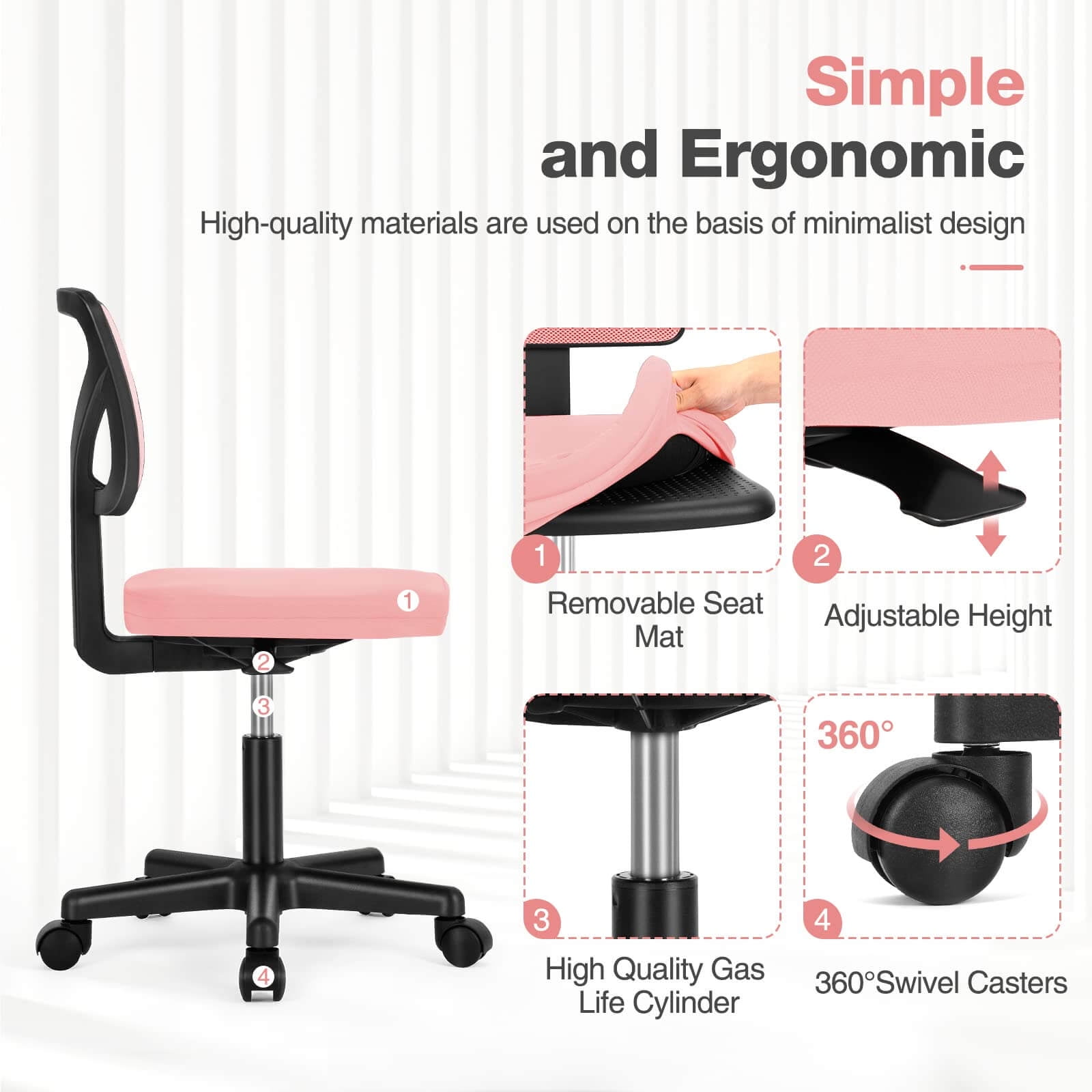 wOod-it Home Office Chair Mesh Armless Computer Desk Chair Ergonomic Computer Desk Task Rolling Swivel Chair Adjustable Modern Chair with Lumbar Support,Pink