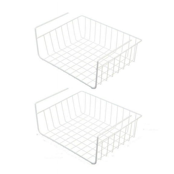Casewin 2 Pack Under Shelf Wire Basket, Hanging Storage Baskets Under Cabinet Add-on Storage Racks, Slide-in Baskets Organizer for Kitchen Pantry Desk Bookshelf, White