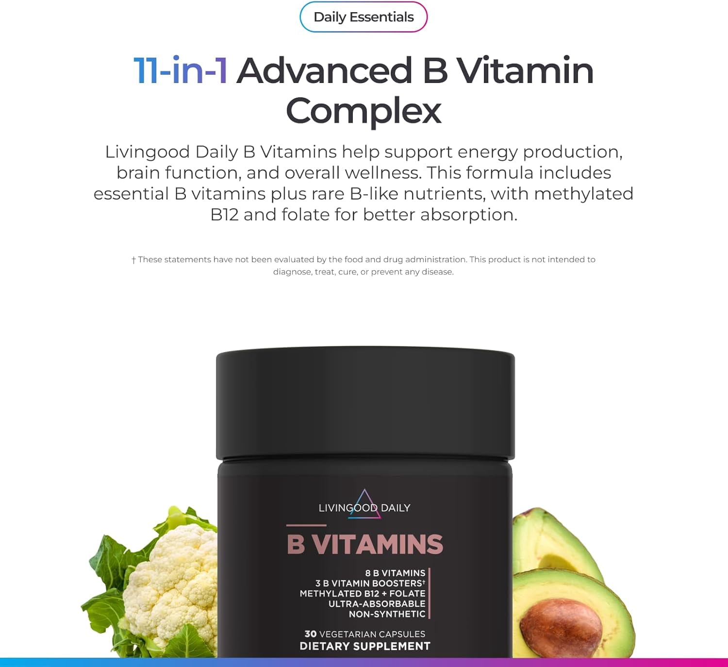 Livingood Daily Vitamin B Complex 30 Capsules - 11 in 1 B Complex Vitamins, Methylated B12 Supplement, Folate, B1 B2 B3 B5 B6 & Biotin for Hair, Skin and Nails