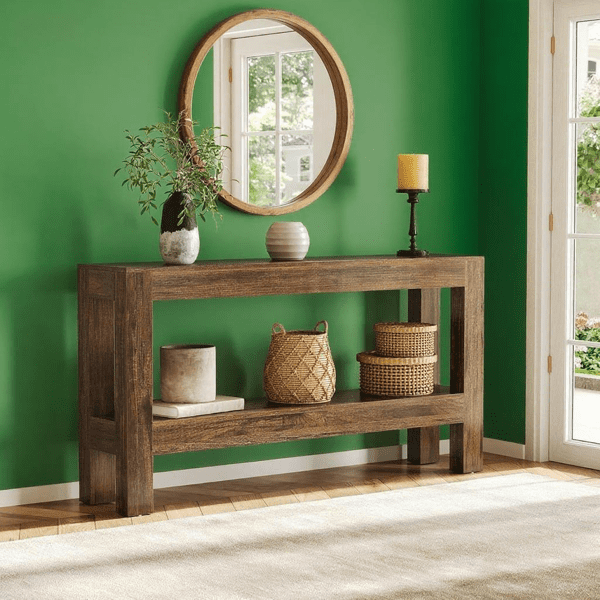 63" Rustic Farmhouse Console Table - 2-Tier Storage Shelves, Rich Brown Wood Grain, Sturdy MDF, Narrow Design for Entryway, Hallway, Living Room, Sofa Side