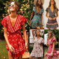 thumbnail image 1 of Femmes Manches Courtes Wrap Boho Floral Mini Robe Dames V-Cou Taille Haute Rétro Jupe de Plage, 1 of 5