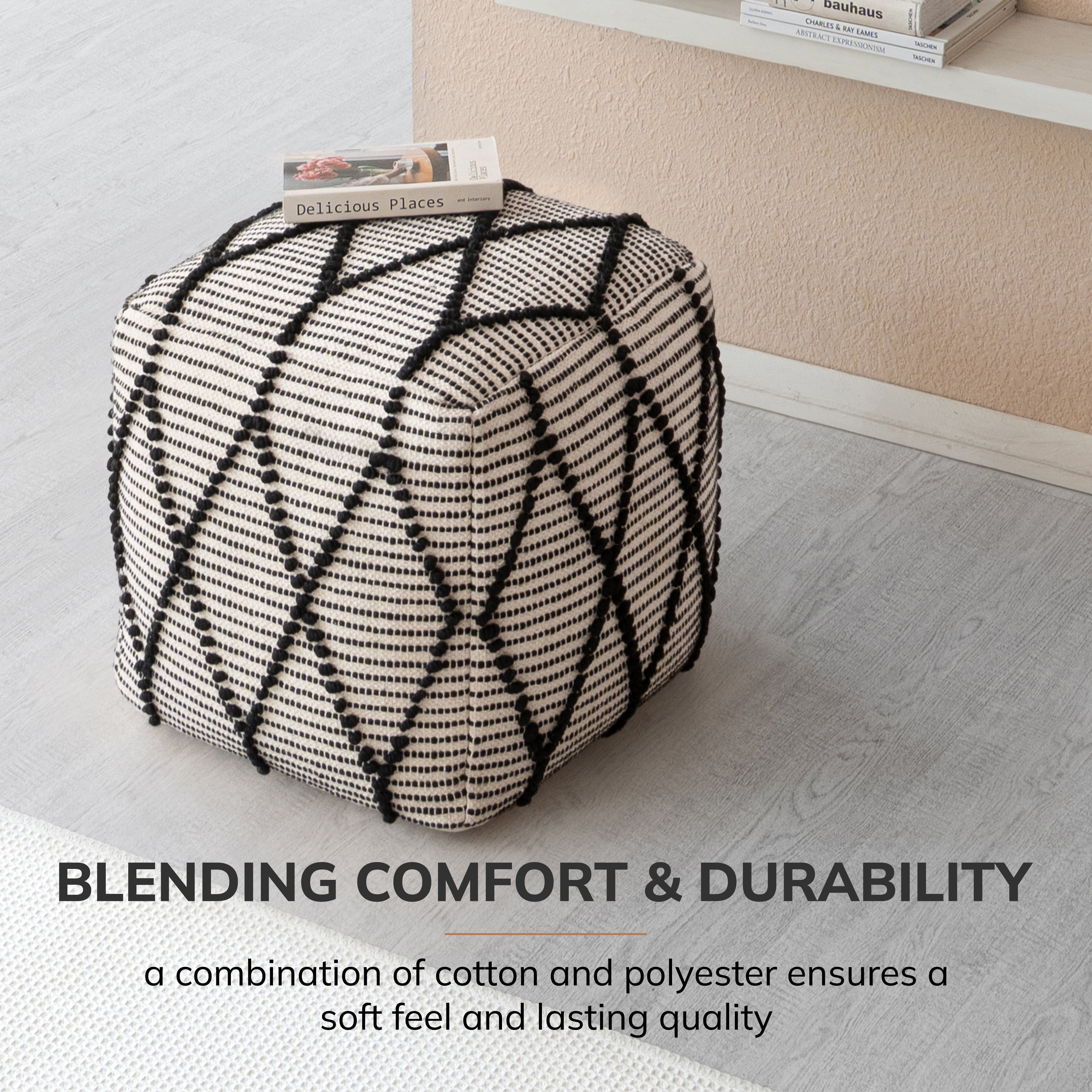 Anji Mountain Pouf Ottoman Foot Rest, Handmade Ottoman Pouf, Comfortable Foot Stool, Decorative Floor Seating for Living Room Decor, Bedroom & Home Décor Accent - Black/White