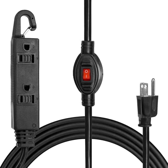 Iron Forge Cable 10 Ft 3 Outlets Black Extension Cord with Inline Switch On/Off, 16/3 SJTW 3 Prong with Hook for Hanging -10 AMP Cord - ETL Listed