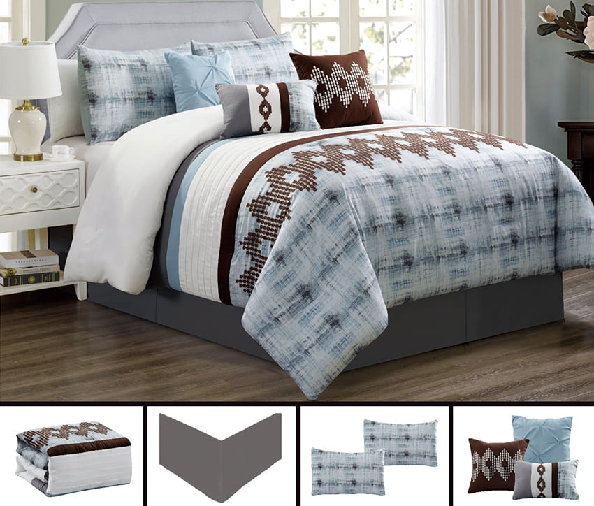 7 Piece Blue Brown Southwest Embroidery Comforter Set ...