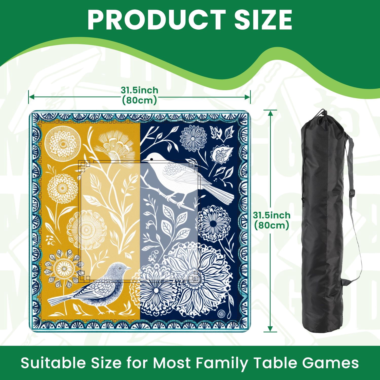 Mahjong Mat 31.5" x 31.5" Floral Bird White Flowers Mustard Navy Hand Drawn Decorative Non-Slip Noise Reduction American Mahjong Tiles Table Cover for Dominoes Poker Card Board Games Gift