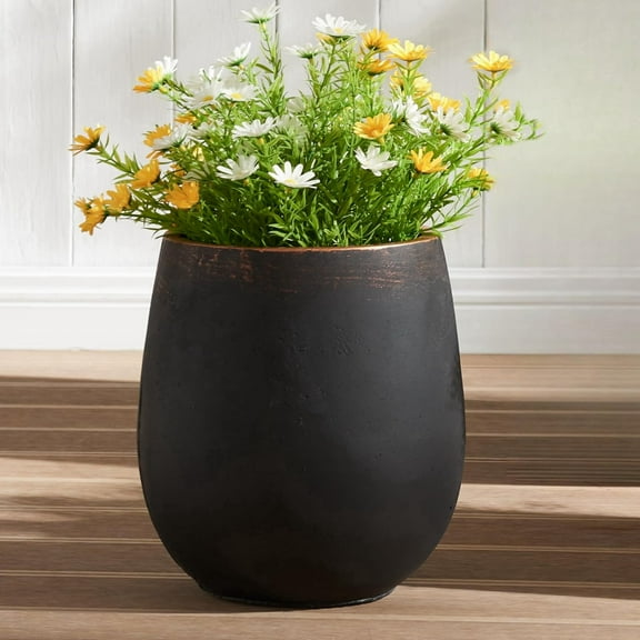 15.5" H Outdoor Concrete Planter, Round Flower Pot with Drainage Hole and Silicone Plug,  Container for Garden, Patio, Home, Office, Black, Copper Rim, 1 Pack