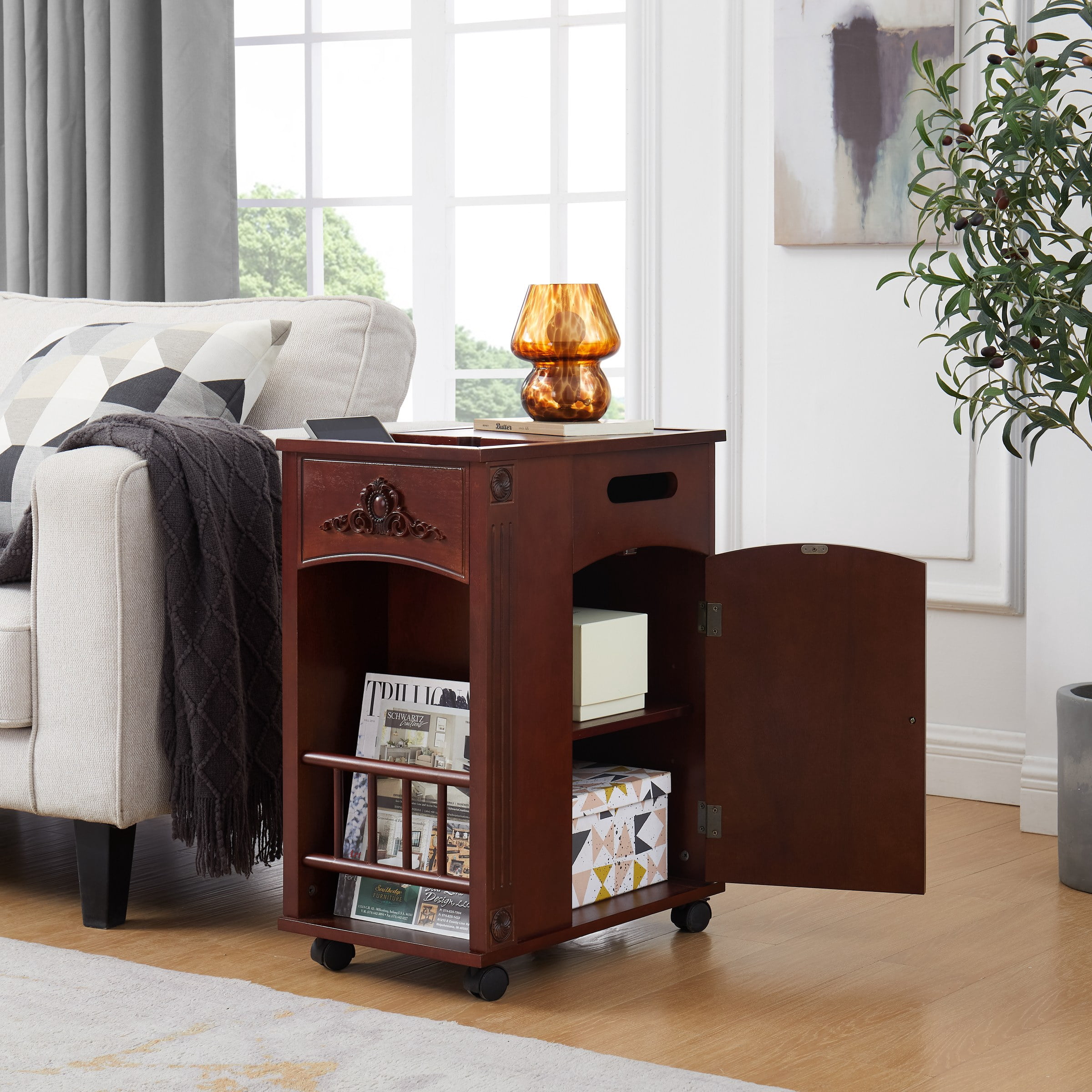 Powered Traditional End Table with Charging Station, Narrow Side Table with USB Ports and Outlets, Nightstand with Storage, Bedside Tables with Wheels for Living Room, Bedroom