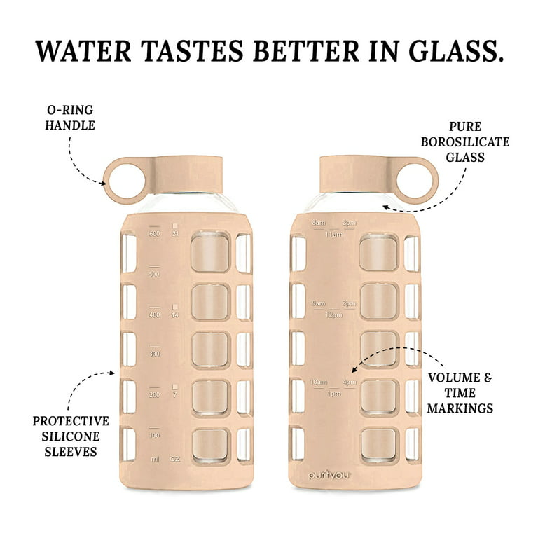 purifyou Premium 40 oz Reusable Glass Water Bottles with Time and Volume  Markings, Non-Slip Silicone Sleeve & Stainless Steel Lid Insert, for Water