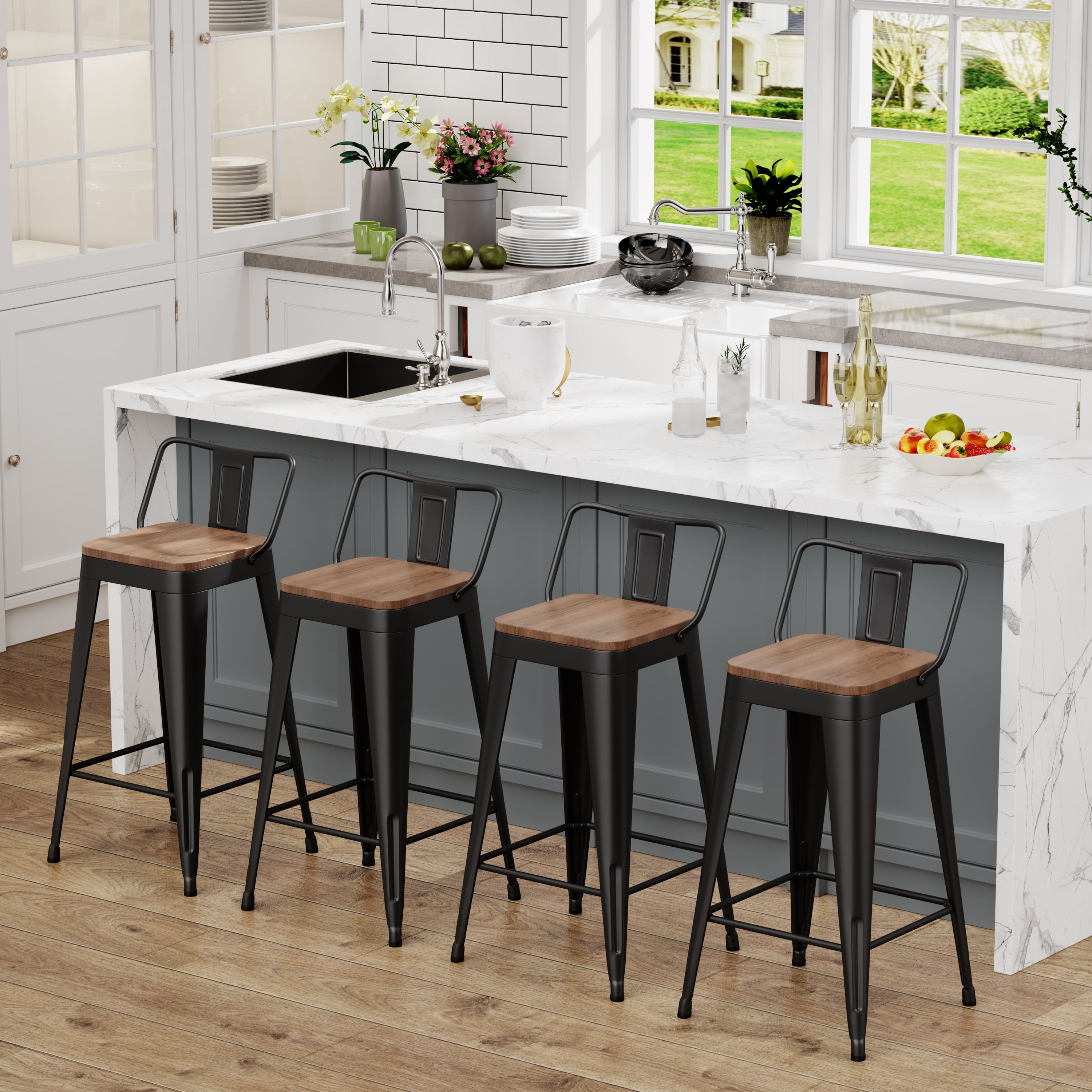 Apeaka 24 inch Bar Stools Set of 4 - Rustic Wood Seat & Metal Frame, Counter-Height Chairs for Kitchen Island, Pub Table (Easy Assembly)