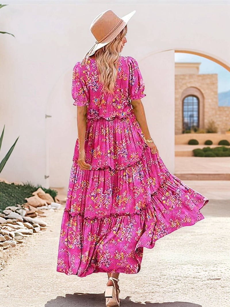 Summer Casual Bohemian Floral Dresses for Women Puff Short Sleeve Long Maxi Dress with Pockets Red S