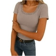 thumbnail image 2 of ClodeEU Womens Summer Lace V Neck Short Sleeve Tops ,Ribbed Knit Slim Fit Casual T Shirts Khaki,Womens Plus L, 2 of 8