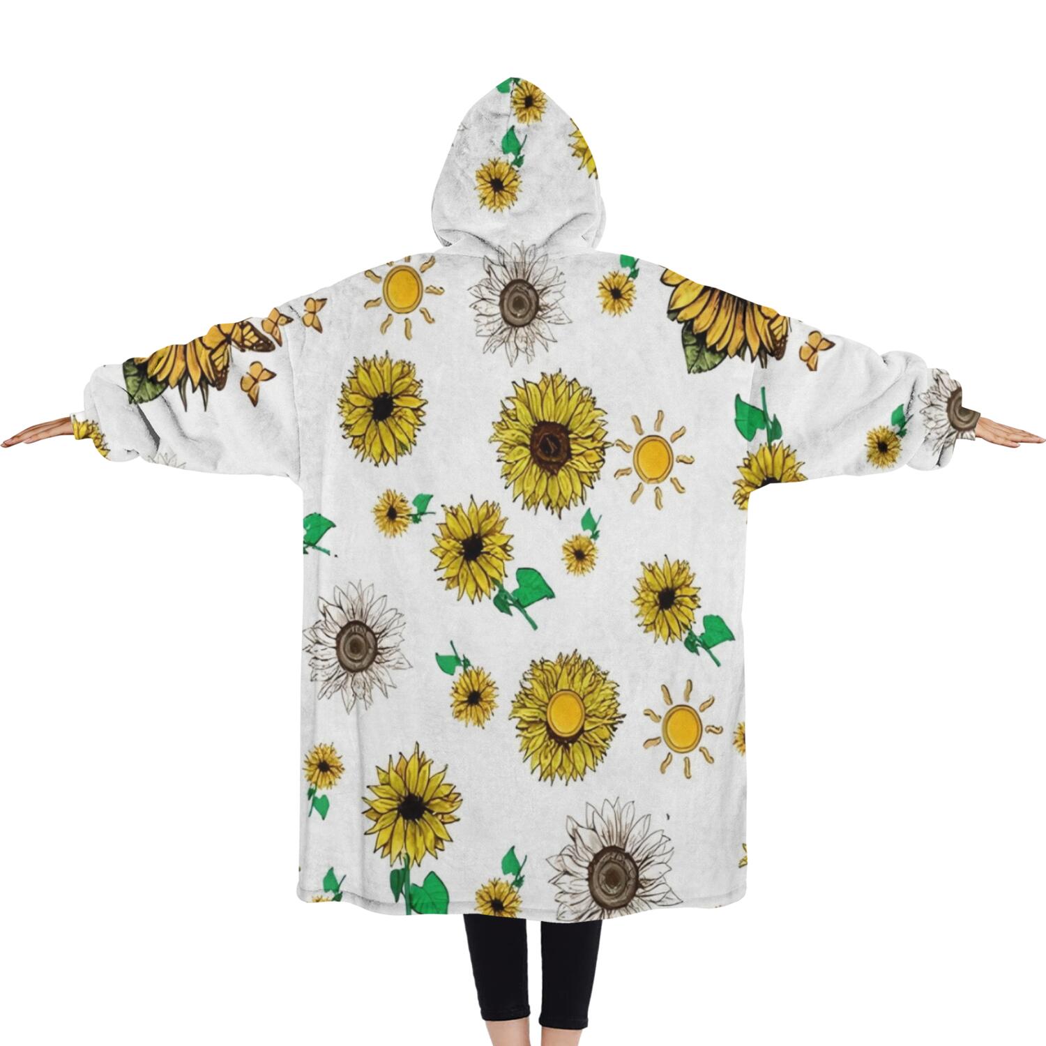Oversized Wearable Blanket Hoodie,White Sunflower Butterfly Sun Pattern Sherpa Blanket Hoodie with Super Pockets,Super Warm Fuzzy Pullover for Women & Men