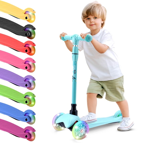 Lightweight and Adjustable Mini Kickboard Scooter with LED Light Wheel for Kids (Teal Blue)