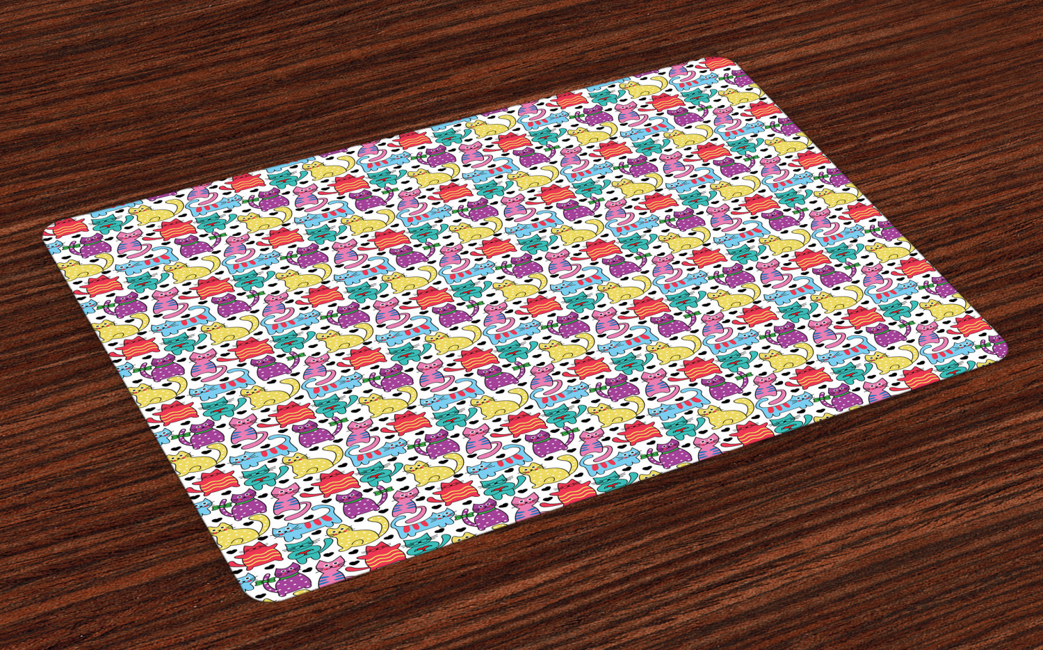 Cat Placemats Set of 4 Cartoon Style Lively Colored Friendly Cheerful Characters with Hearts
