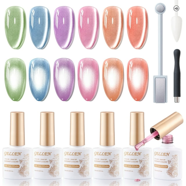 Gellen Kit de Esmalte de Uñas en Gel de Ojo de Gato con Imán, Juego de Esmalte en Gel con Efecto Espejo Brillante de 6x10 Ml, Gel para Uñas en Casa para Uso en Salón
