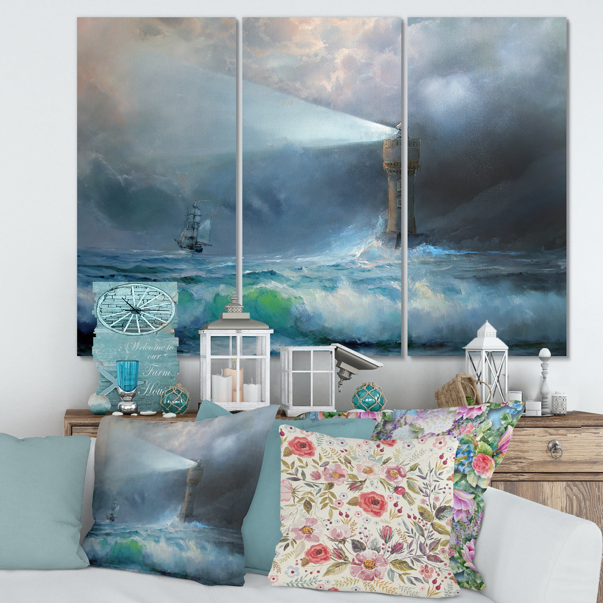 Designart ' Lighthouse Shining Light During Stormy Clouds Night II ' Nautical & Coastal Canvas Wall Art Print