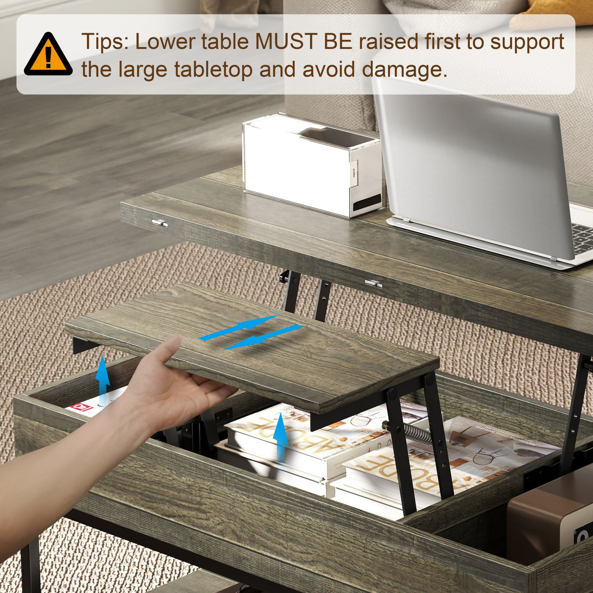 Manxile Lift Top Coffee Table with Storage Shelf, Farmhouse Coffee Table for Living Room, Charcoal Oak Finish