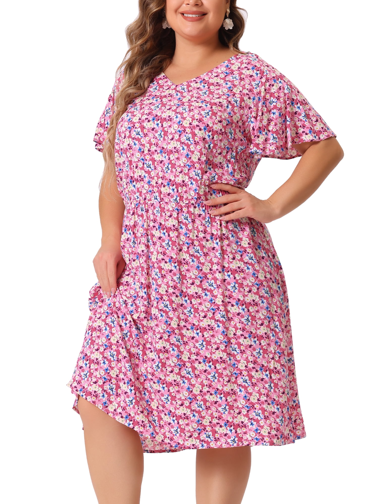 DARING DIVA Plus Size V Neck Flare Sleeve Peplum Midi Ruffle Dress 1X Dark Pink