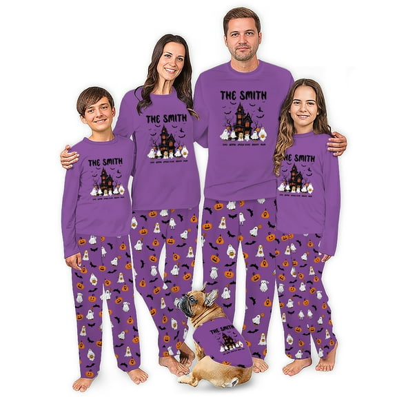 Family Matching Halloween Pajamas, Purple Haunted House Design with Festive Ghost and Pumpkin Pants