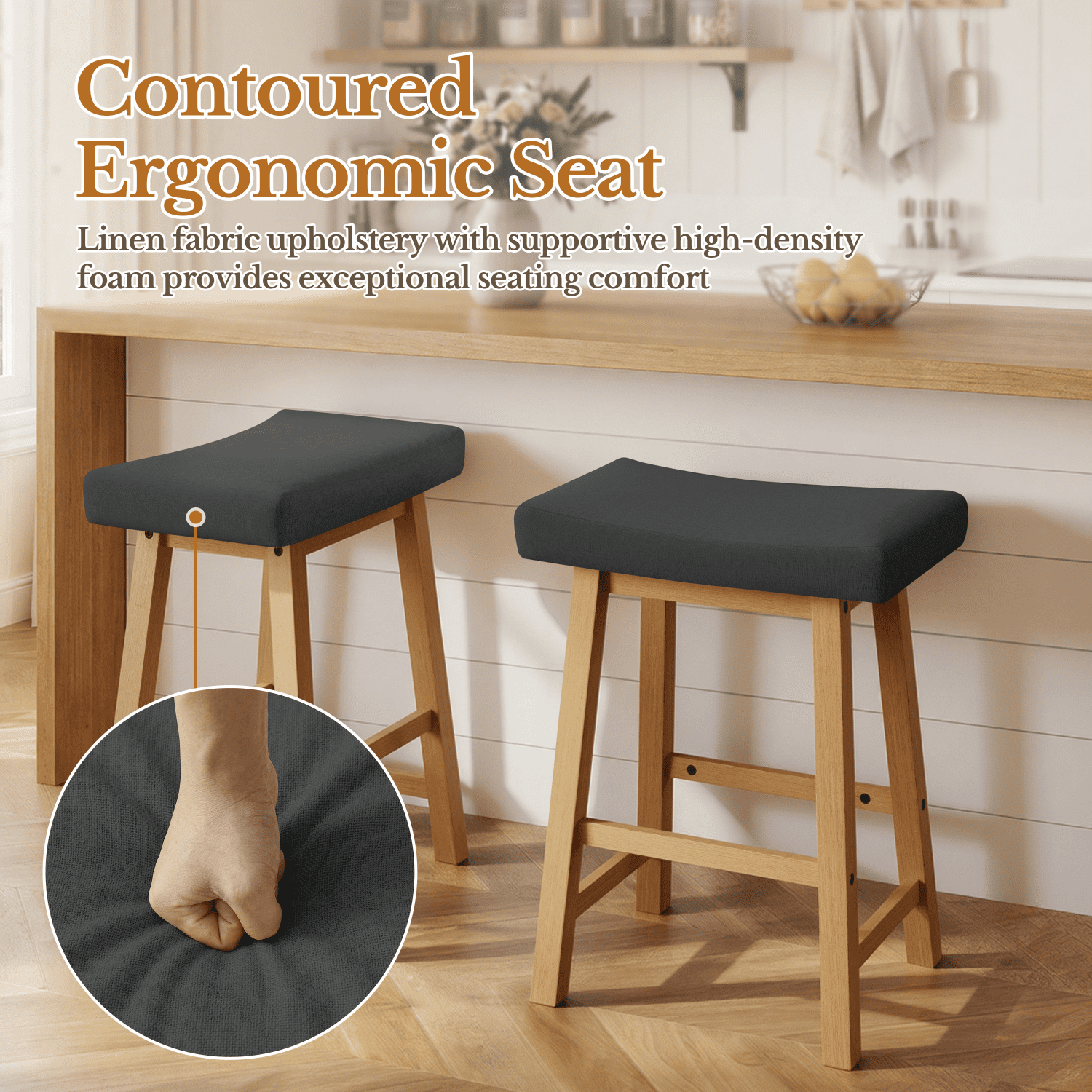 Alden Design Set of 2 Counter Height Bar Stools with Solid Wood Legs, Dark Gray