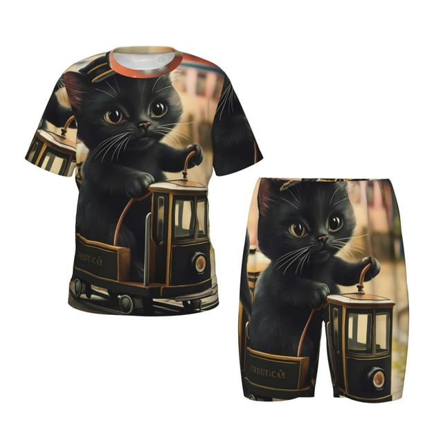 Balery Adorable Kitten On Mini Train Conjunto de Pijama Infantil de Manga Corta con Estampado – Ropa de Dormir de Algodón Suave-Small