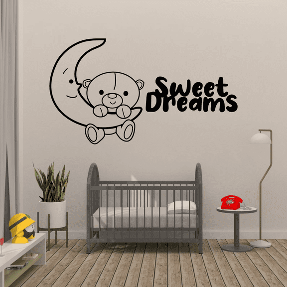 Teddy Bear Moon Sweet Dreams Good Night Dream Quotes Cute Sleeping Vinyl Design Wall Sticker Art Decal Boys Girls Kids Toddler Room Bedroom Nursery Kinder Decors Stickers Decoration Size (30x40 inch)