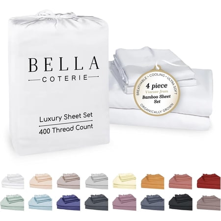 Bella Coterie Luxury Bamboo Viscose King Size Sheet Set | 100% Organically Grown | Ultra Soft | Cooling for Hot Sleepers | 18" Deep Pocket [White]