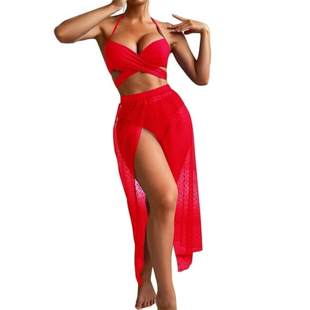 RYDCOT Womens 3 Pieces Bikini Set Swimsuit Criss Cross Halter Neck Swimwear with High Split Lace Mesh Skirt Bathing Suits 2025 Summer Beach Outfits Today Deals