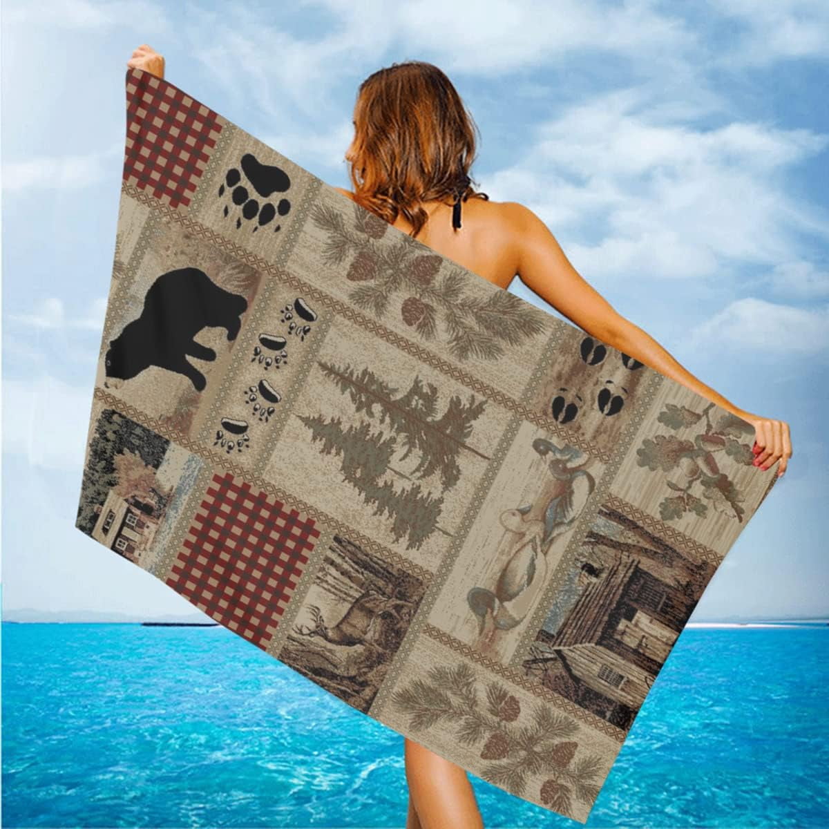 Retro Rustic Beach Towel, Moose Deer Bear Leaf Tree Country Style Farmhouse Microfiber Ultra Soft Quick Dry Highly Absorbent Bath Towels for Beach Party Outdoor Travel Swim Pool Yoga 33x52 Inch