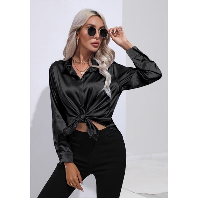 Blusa de mujer camisas de seda satinada con cuello en V camisa de manga larga holgada elegante